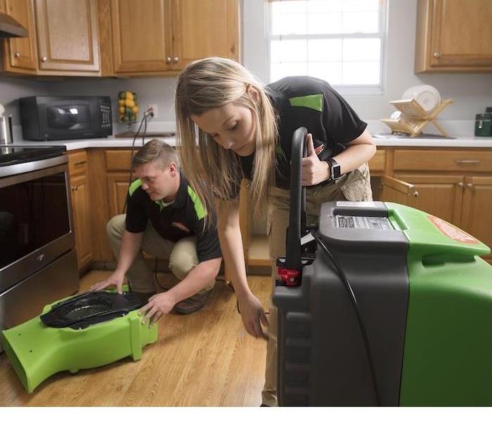 A team of people deep cleaning a commercial space, focusing on floors and surfaces.